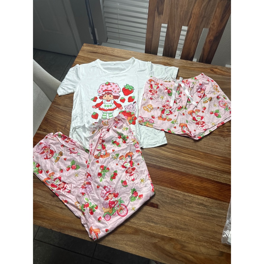 Strawberry Shortcake 3pc Pajama Set Womens Medium Tee Shorts Pants Pink White